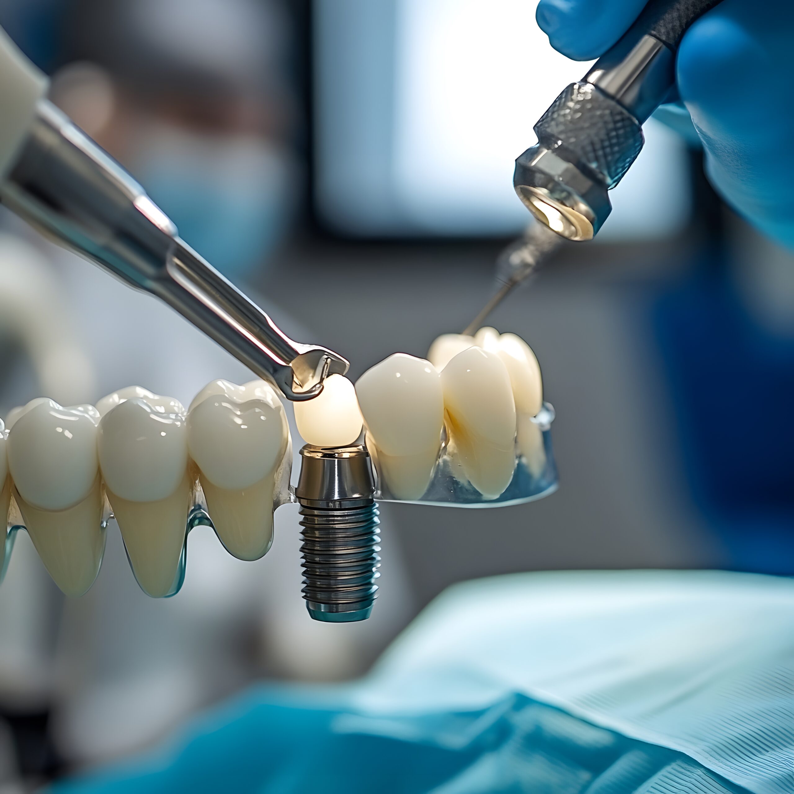 Close-up 3D rendering of dental implant surgery showcasing the step-by-step process of placing a titanium implant in the jawbone with detailed anatomical accuracy